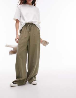 Shop Topshop Pull On Wide Leg Pants In Khaki-green