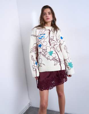 Pull oversize brodé en maille de qualité supérieure - Ivoire-Blanc M