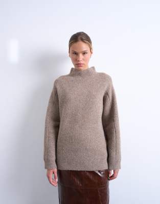 Topshop - Pull oversize en maille à col montant - Espresso-Brown