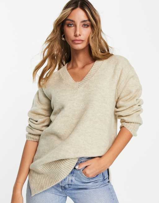 Topshop - Pull oversize en maille à col V - Grège