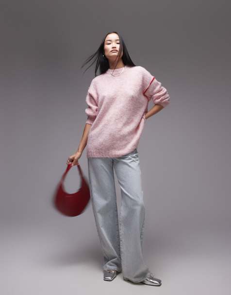 Topshop - Pull oversize en maille à coutures contrastantes apparentes - Rose clair - view 1