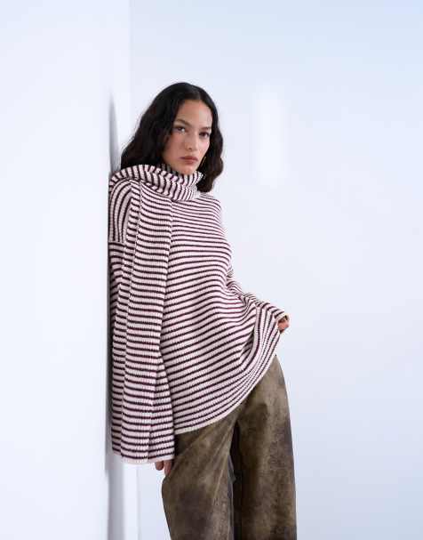 Topshop - Pull oversize en maille à rayures avec écharpe - Prune - view 1