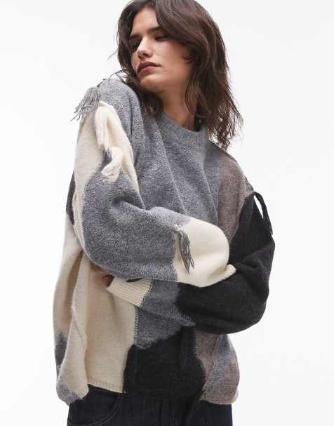 Topshop - Pull oversize en maille effet patchwork avec pampilles - Neutre - view 1