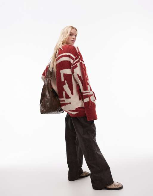 Topshop - Pull oversize en maille effet patchwork avec pampilles - Rouge/écru, 2 de 4