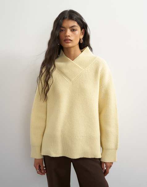 Topshop pull premium en laine d'agneau à col V haut jaune - view 1