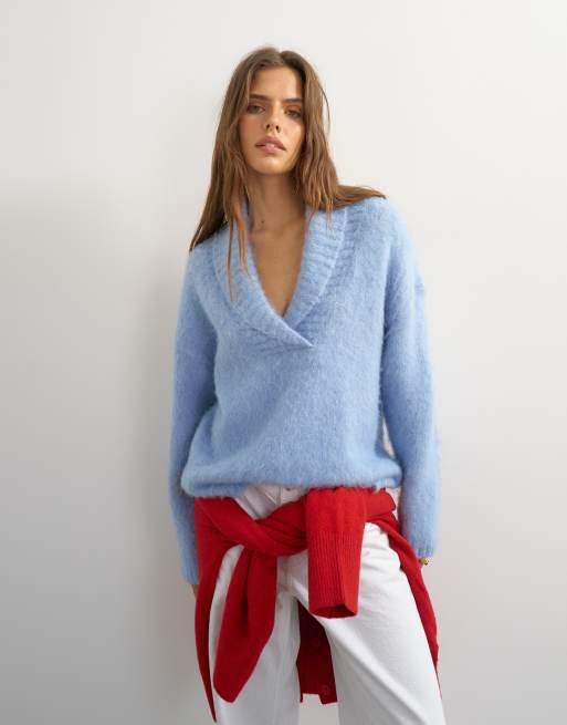 Topshop pull premium en maille à col châle avec laine bleu, 4 de 4
