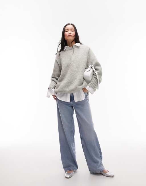 Topshop - Pull ras de cou à coutures apparentes en maille - Gris