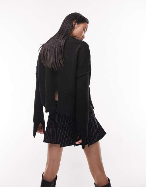 Topshop - Pull ras de cou à encoches fantaisie en maille - Noir