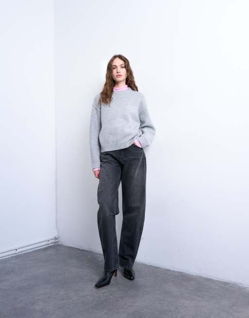 Topshop - Pull ras de cou coupe carrée en maille avec manches larges - Gris, 3 de 4