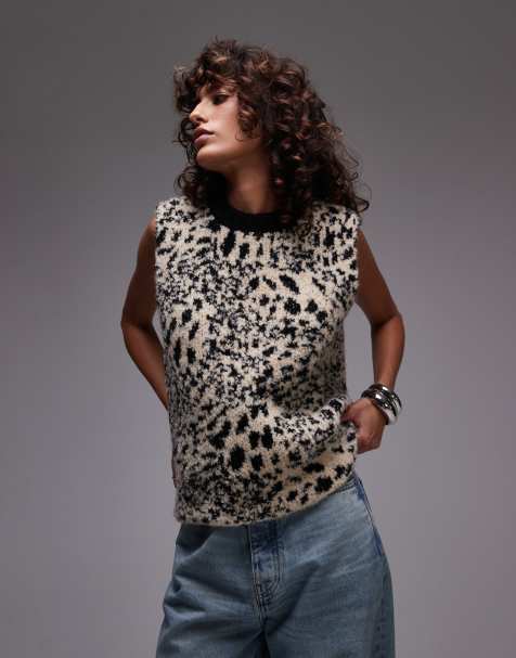 Topshop - Pull sans manches à imprimé animal en maille bouclée - Neutre - view 1