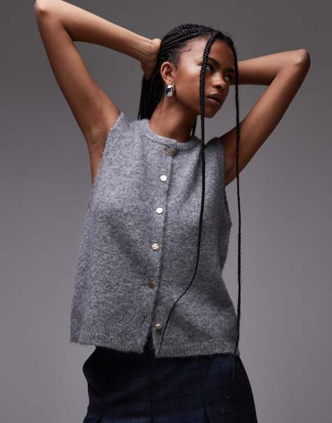 Topshop - Pull sans manches en maille compacte à boutons dorés - Gris - view 1