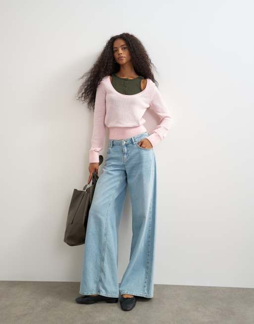 Topshop pull sans manches Henley en maille à double épaisseur kaki et rose, 2 de 4