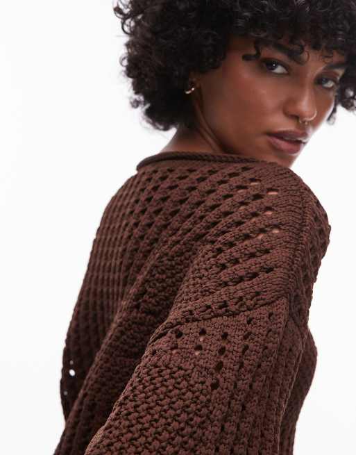 Topshop – Pullover aus Häkelstrick in Braun mit Blumendetail, 3 von 4