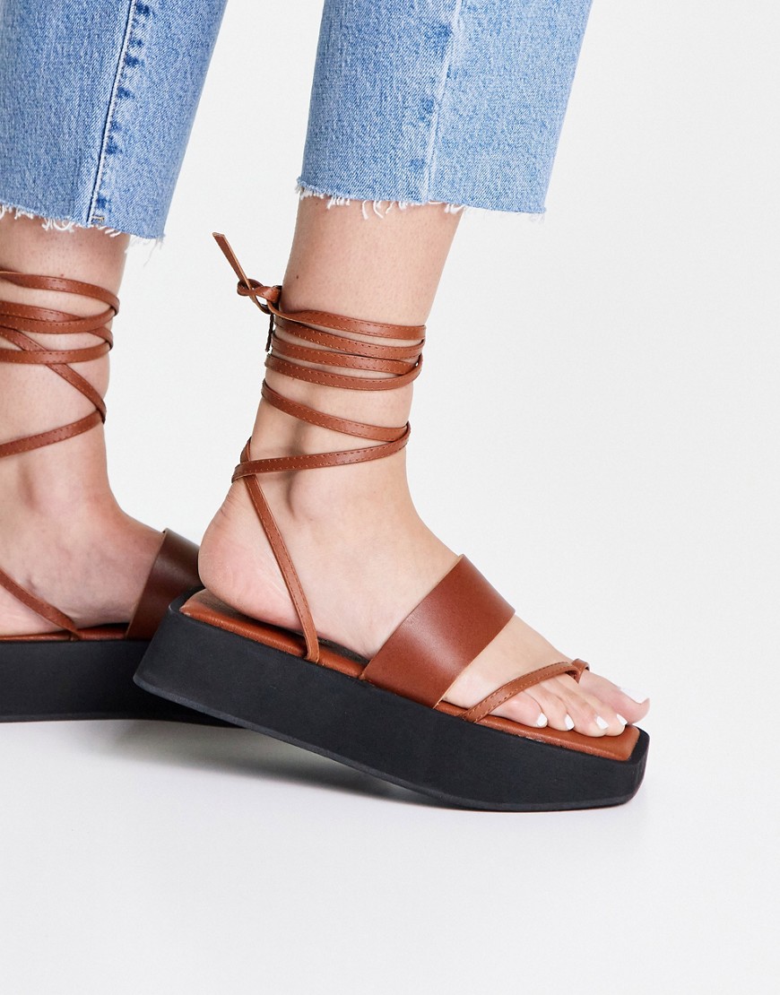 Topshop pure leather strippy chunky sandals in brown