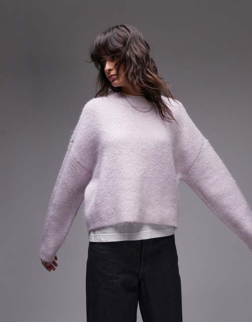 Topshop – Puszysty dzianinowy sweter o luźnym kroju w liliowym kolorze