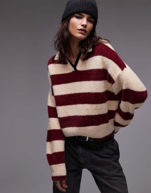 Topshop – Puszysty dzianinowy sweter o luźnym kroju z kołnierzykiem polo w paski w kolorze ecru i bordowym