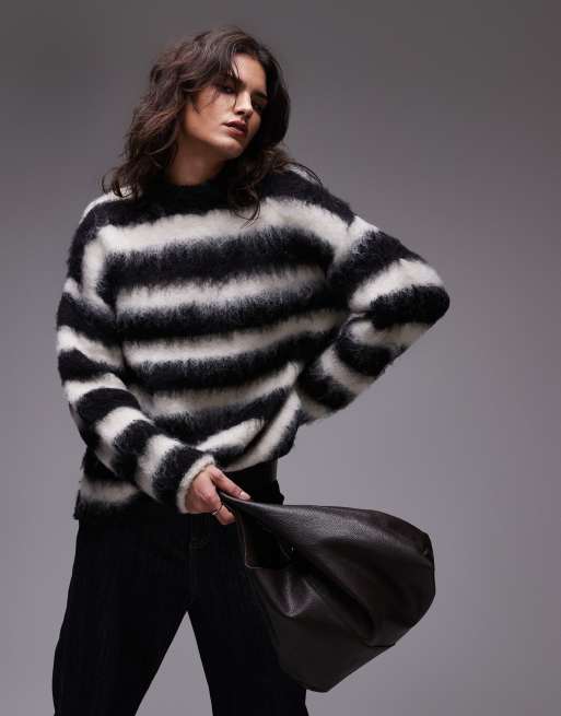 Topshop – Puszysty dzianinowy sweter oversize w czarno-białe paski