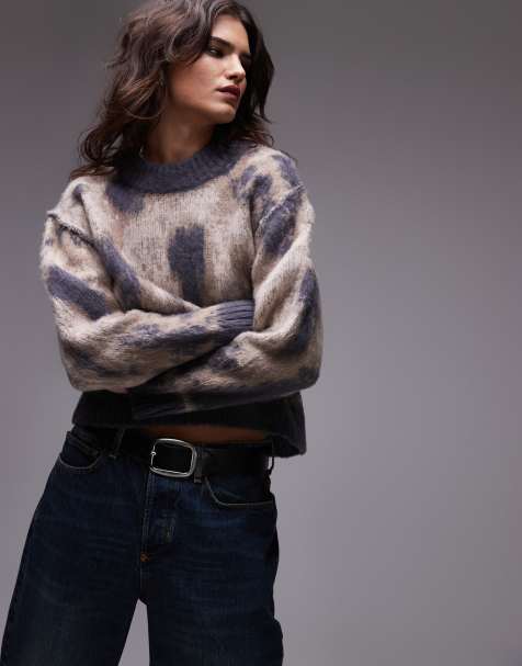 Topshop knitted fluffy printed oversized jumper in blue, navy and pink