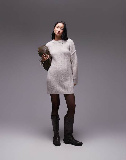 Topshop – Puszysty dzianinowy sweter oversize w owsianym kolorze z prążkami i okrągłym dekoltem - view 1