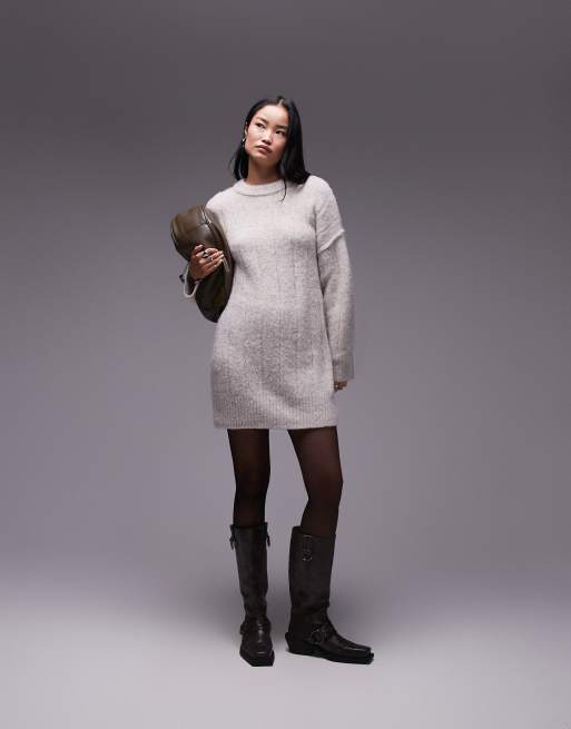 Topshop – Puszysty dzianinowy sweter oversize w owsianym kolorze z prążkami i okrągłym dekoltem