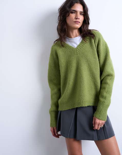 Topshop knitted wool blend fluffy v neck jumper in green