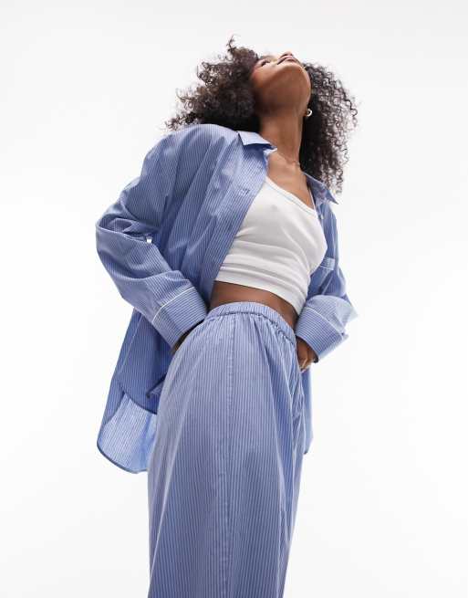 Topshop – Pyjama aus Baumwolle in Blau mit gestreiftem Hemd und Hose , 3 von 4