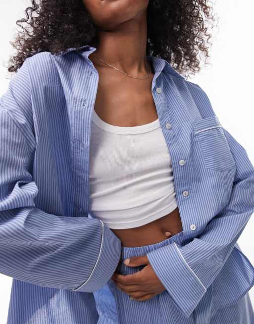 Topshop – Pyjama aus Baumwolle in Blau mit gestreiftem Hemd und Hose , 4 von 4
