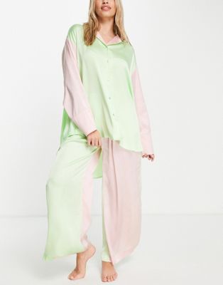 Pyjamas Topshop - Pyjama avec chemise et pantalon satinés color block - Multicolore