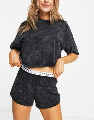 Topshop – Pyjama in Schwarz mit Markenlogo und Acid-Waschung