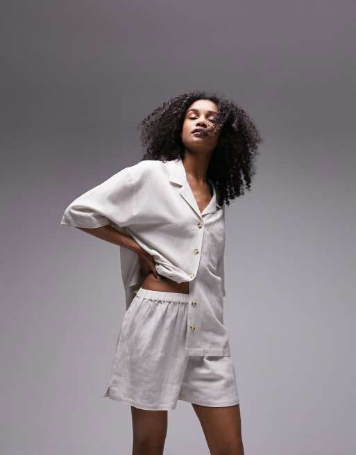Topshop – Pyjama mit Hemd und Shorts mit Leinenoptik in Hellbeige , 3 von 4
