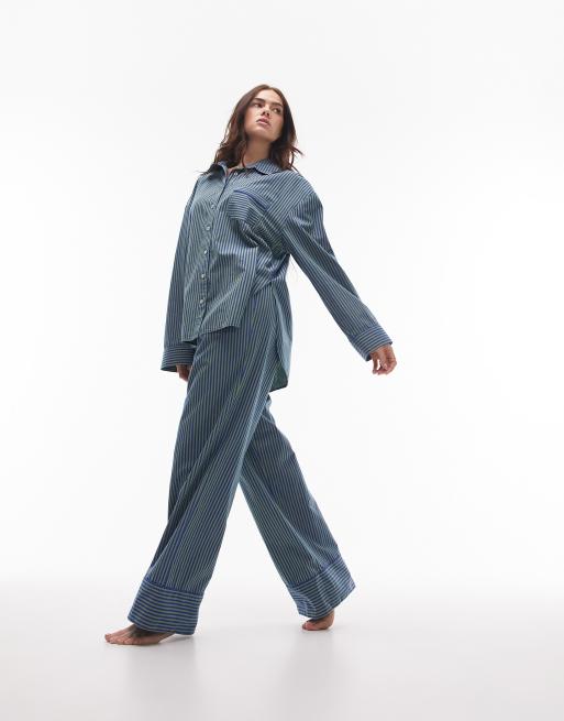 Topshop - Pyjama rayé en coton avec pantalon et chemise - Vert et bleu , 4 de 4
