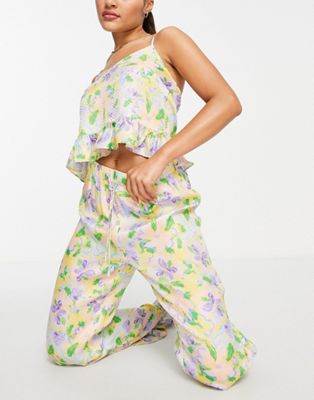 Topshop pyjama set floral printed jacquard frill cami and trousers in multi
