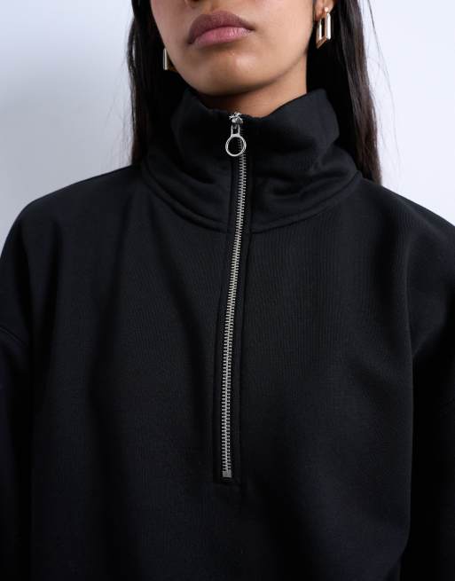Topshop quarter zip sweat in black, 4 of 4