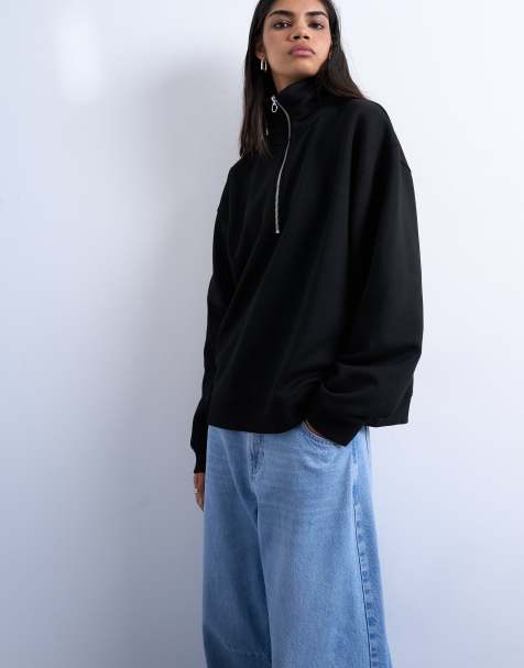 Topshop quarter-zip sweatshirt in black - view 1