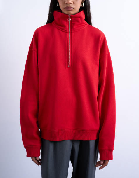 Topshop quarter zip sweatshirt in red - view 1