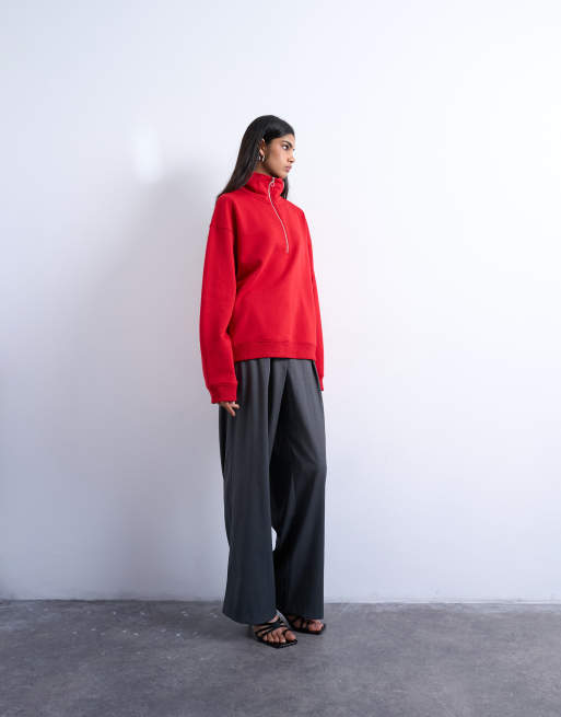 Topshop quarter zip sweatshirt in red, 3 of 4