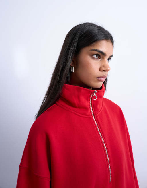 Topshop quarter zip sweatshirt in red, 4 of 4
