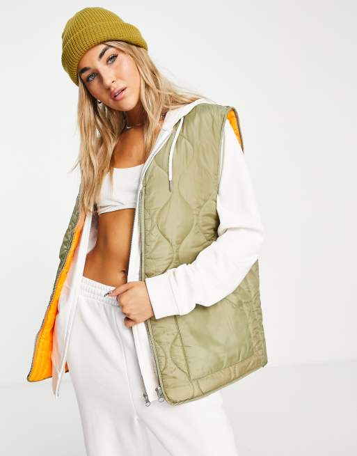 Topshop quilted bomber gilet with contrast lining in khaki