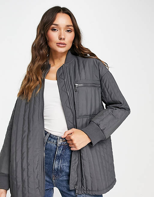 Topshop quilted bomber liner jacket in charcoal | ASOS