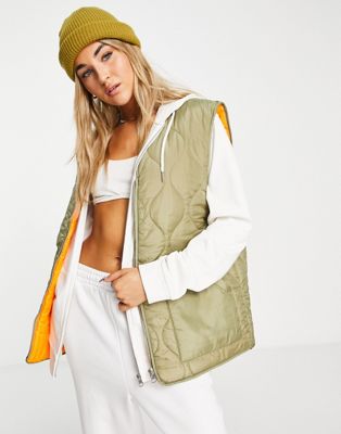 Topshop quilted bomber gilet with contrast lining in khaki - ASOS Price Checker