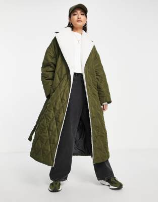Topshop quilted borg trim trench coat in khaki - ASOS Price Checker