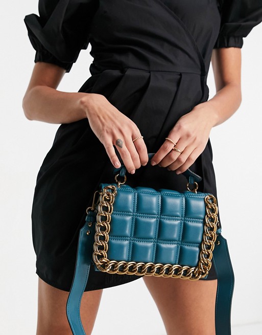 Topshop Quilted chain crossbody bag in Teal