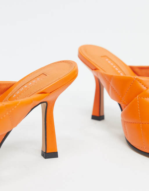 Topshop quilted heeled mules in tangerine, 3 of 4