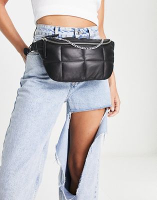 Topshop quilted leather bumbag with chain in black