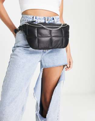 Topshop quilted leather bumbag with chain in black