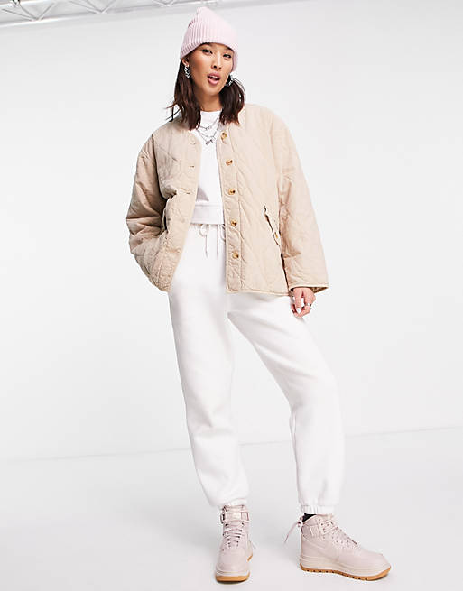 Topshop quilted ovoid shirt jacket in stone | ASOS