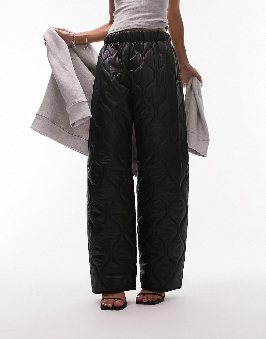 Topshop Quilted Puffer Straight Leg Pants In Black-pink