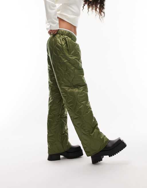 Topshop quilted puffer straight leg pants in khaki