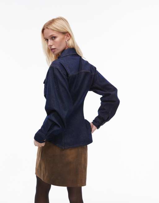 Topshop - Rå indigoblå denimskjorte med indsyet talje, 4 af 4