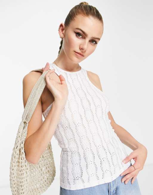 Women White Sleeveless Eyelet Tank Top